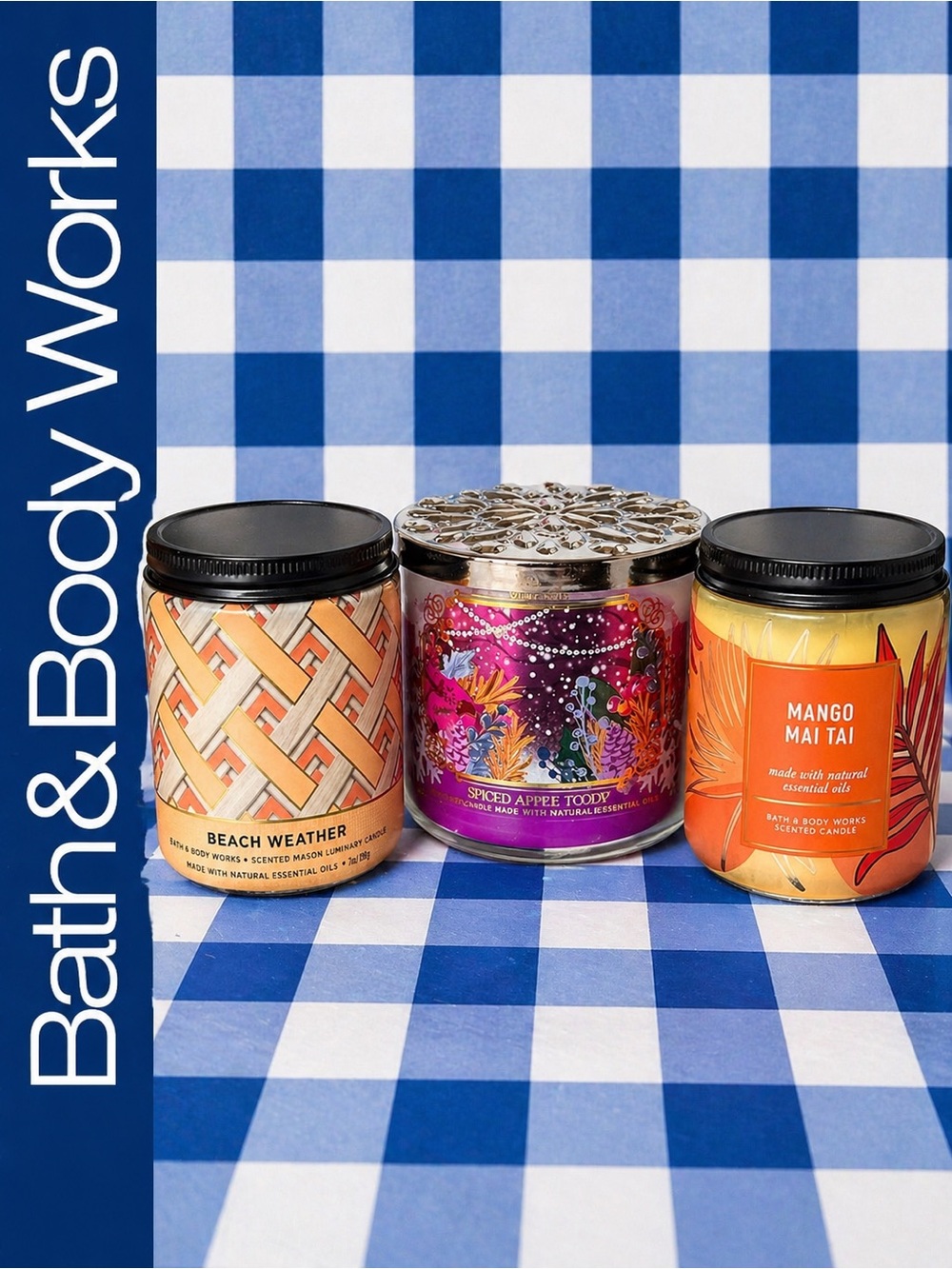 Bath & Body Works Candle Bundle Spiced Apple Toddy, Mango Mai Tai,Beach Weather
